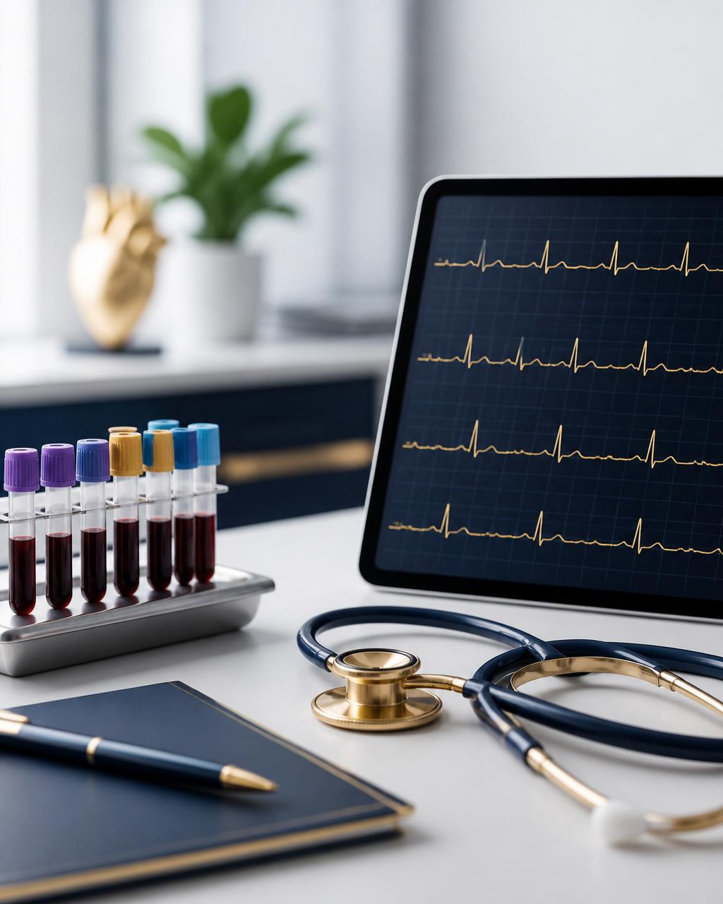 Blood test vials and an ECG readout for a preventative health check